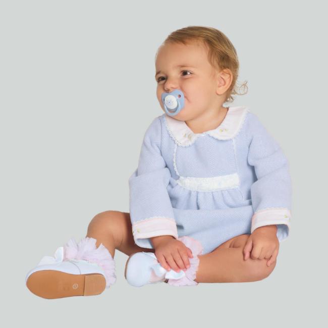 Picture of Beau KiD Girls Smocked Long Sleeve Herringbone Romper- Ivory Pale Blue