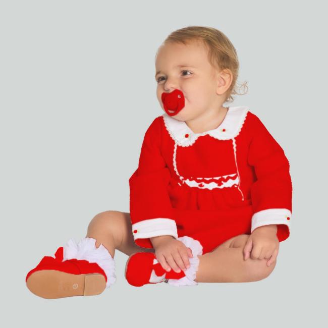 Picture of Beau KiD Girls Smocked Long Sleeve Herringbone Romper- Ivory Winter Red