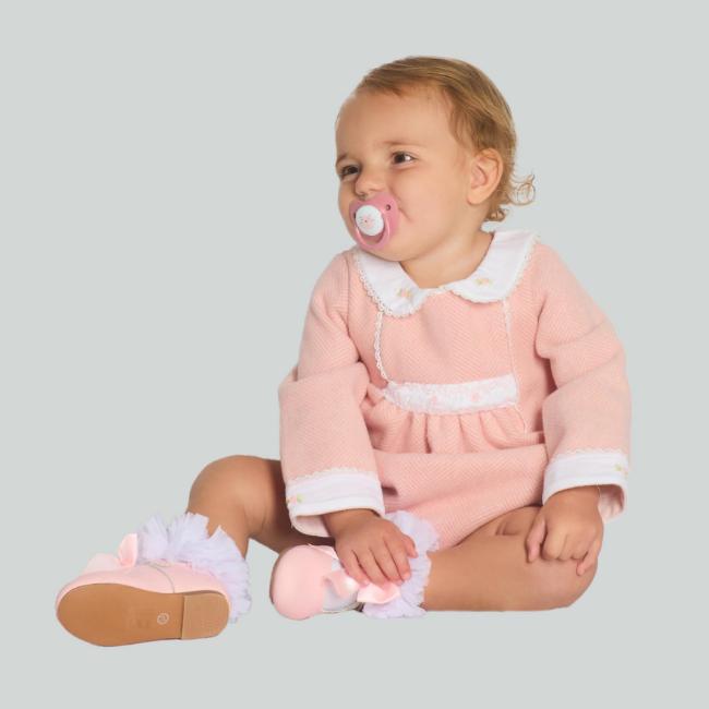 Picture of Beau KiD Girls Smocked Long Sleeve Herringbone Romper- Ivory Pink