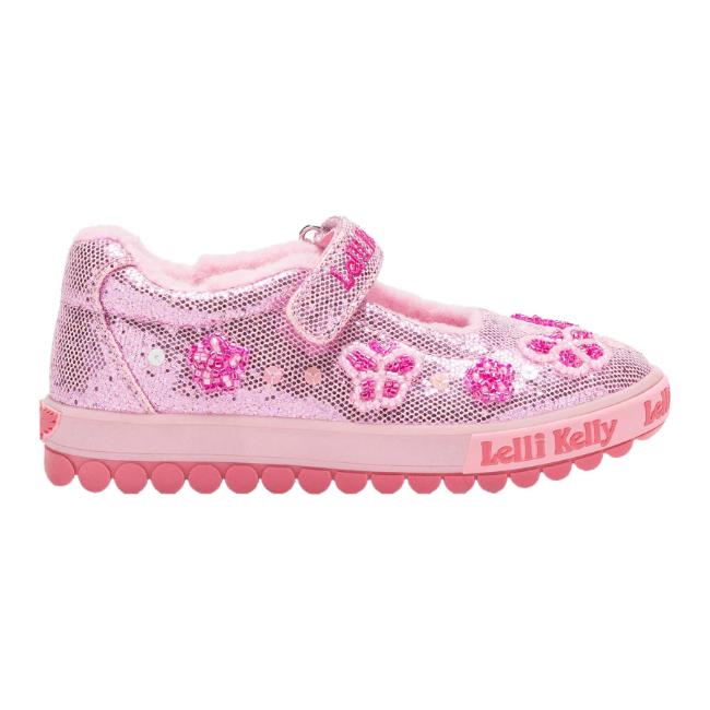 Picture of Lelli Kelly Taylor Beaded Butterfly Mary Jane With Faux Fur - Metallic Pink Glitter