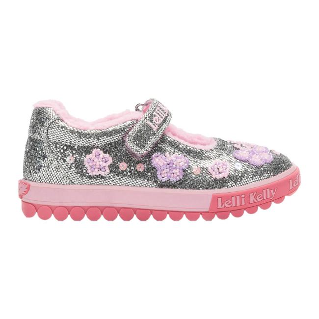 Picture of Lelli Kelly Taylor Beaded Butterfly Mary Jane With Faux Fur - Metallic Grey Glitter