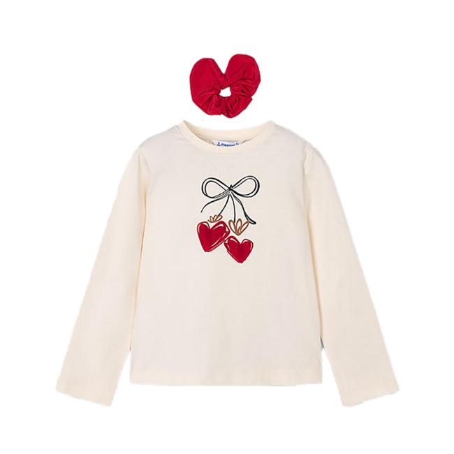 Picture of Mayoral Girls Winter Bow Heart Top & Scrunchie Set X 2 - Ivory Red