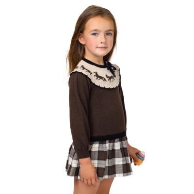 Picture of Foque Girls Knitted Drop Waist Dress With Horses - Brown Beige Black