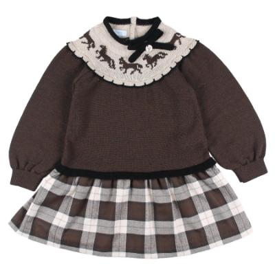 Picture of Foque Girls Knitted Drop Waist Dress With Horses - Brown Beige Black
