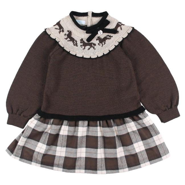 Picture of Foque Girls Knitted Drop Waist Dress With Horses - Brown Beige Black
