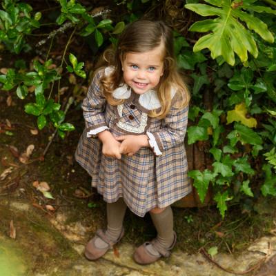 Picture of Foque Girls Plumetti Collar Check Dress - Beige Blue