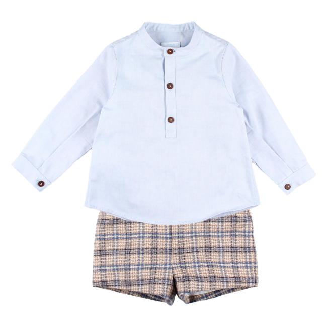 Picture of Foque Boys Shirt  & Check Shorts Set - Blue Beige Blue