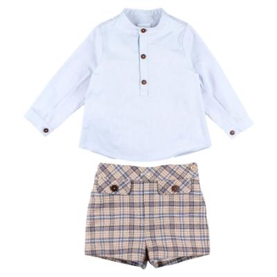 Picture of Foque Boys Shirt  & Check Shorts Set - Blue Beige Blue