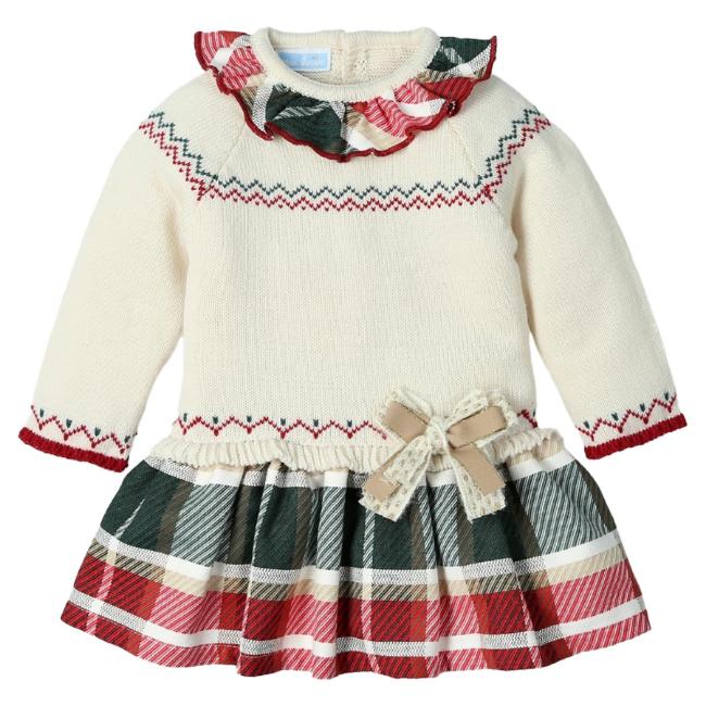Picture of Mac Ilusion Baby Knitted Collection Girls Drop Waist Dress - Cream Burgundy Green