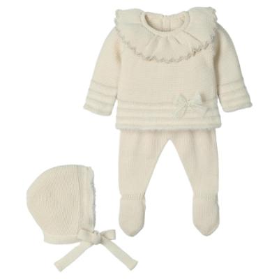 Picture of Mac Ilusion Baby Knitted Collection Girls Sweater Bottoms Bonnet Set X 3 - Ivory Gold