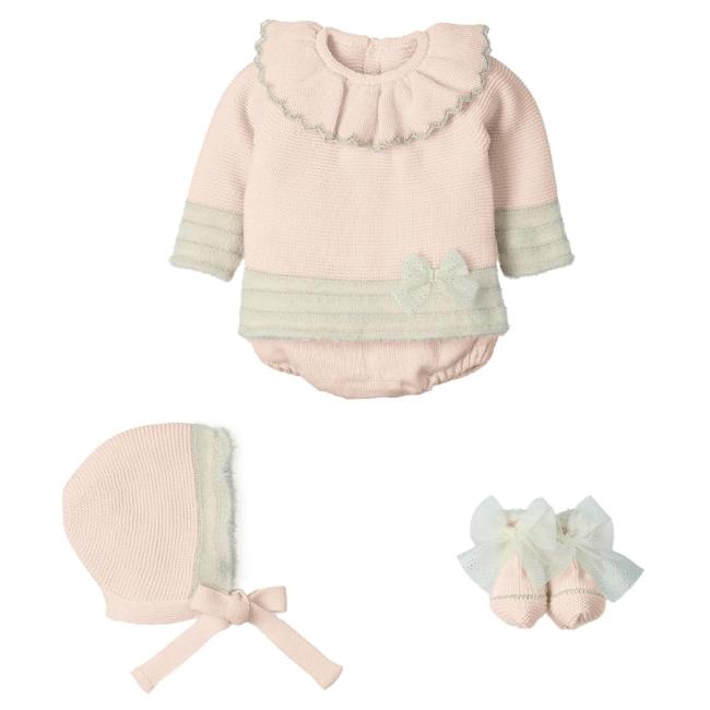 Picture of Mac Ilusion Baby Knitted Collection Girls Sweater Bottoms Bonnet Booties Set X 4 - Nude Pink Ivory Gold