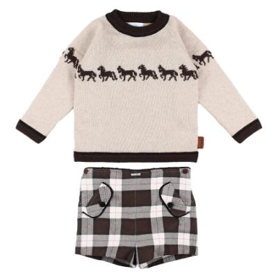 Picture of Foque Boys Horses Sweater  & Check Shorts Set X 2 - Brown Beige Black