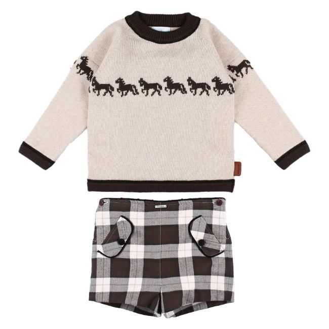 Picture of Foque Boys Horses Sweater  & Check Shorts Set X 2 - Brown Beige Black