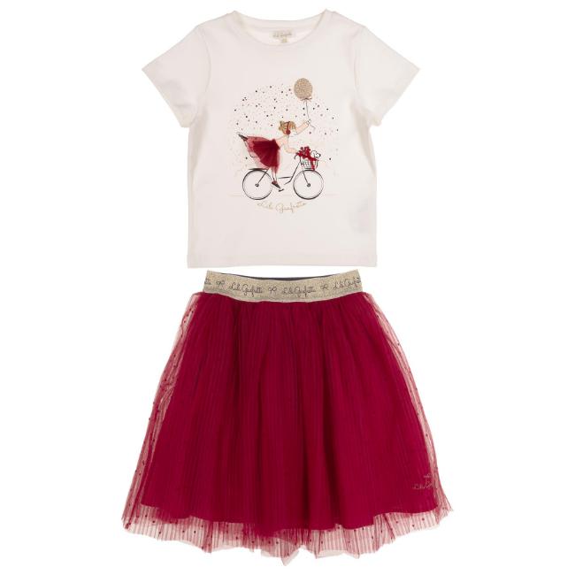 Picture of Lili Gaufrette Girls Bike Top & Polka Tulle Skirt Set X 2 - Ivory Burgundy