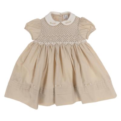 Picture of Sarah Louise Girls Smocked Bodice Puff Sleeve Dress - Beige Ivory