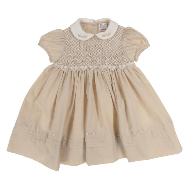 Picture of Sarah Louise Girls Smocked Bodice Puff Sleeve Dress - Beige Ivory