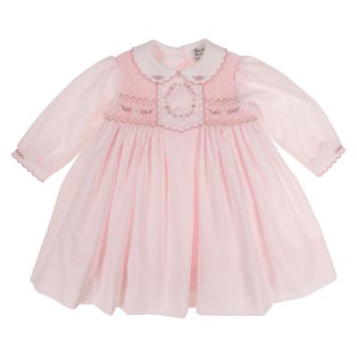 Picture of Sarah Louise Girls Smocked Bodice Scallop Collar Dress - Pale Pink White