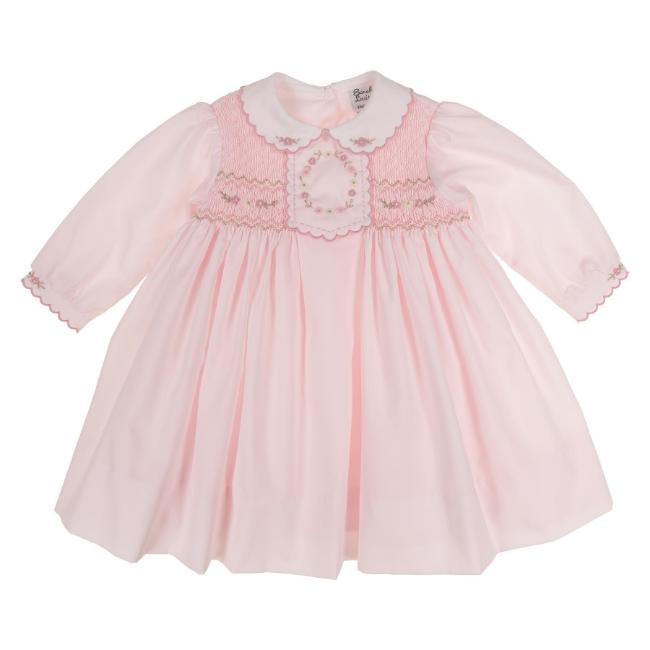 Picture of Sarah Louise Girls Smocked Bodice Scallop Collar Dress - Pale Pink White