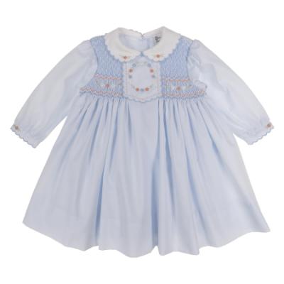 Picture of Sarah Louise Girls Smocked Bodice Scallop Collar Dress - Pale Blue White