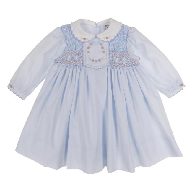 Picture of Sarah Louise Girls Smocked Bodice Scallop Collar Dress - Pale Blue White