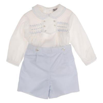 Picture of Sarah Louise Baby Boys Smocked Blouse & Shorts Set X 2 - White Pale Blue