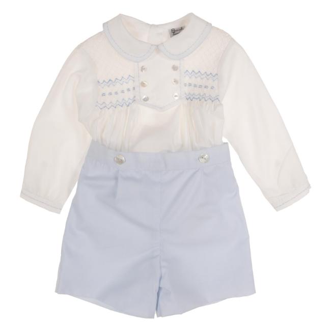 Picture of Sarah Louise Baby Boys Smocked Blouse & Shorts Set X 2 - White Pale Blue