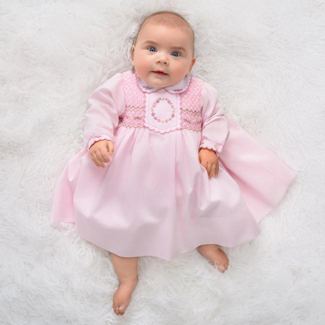 Picture of Sarah Louise Girls Smocked Bodice Scallop Collar Dress - Pale Pink White