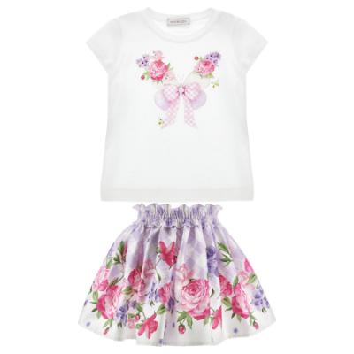 Picture of PRE ORDER Monnalisa Girls Garden Party Butterfly Top & Skirt Set X 2 - Ivory Lilac
