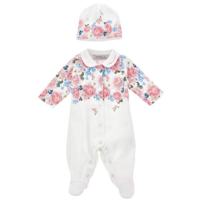 Picture of Monnalisa Bebe Girls Rose Garden Babygrow With Hat Set X 2 - Ivory Pink