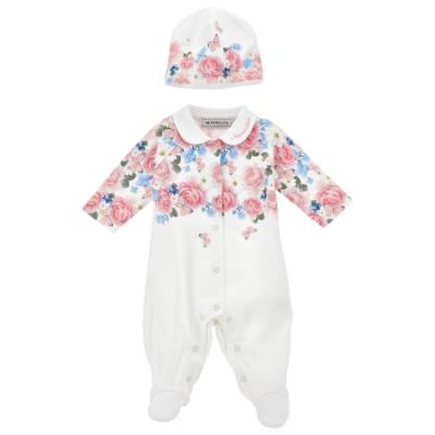 Picture of PRE ORDER Monnalisa Bebe Girls Rose Garden Babygrow With Hat Set X 2 - Ivory Pink