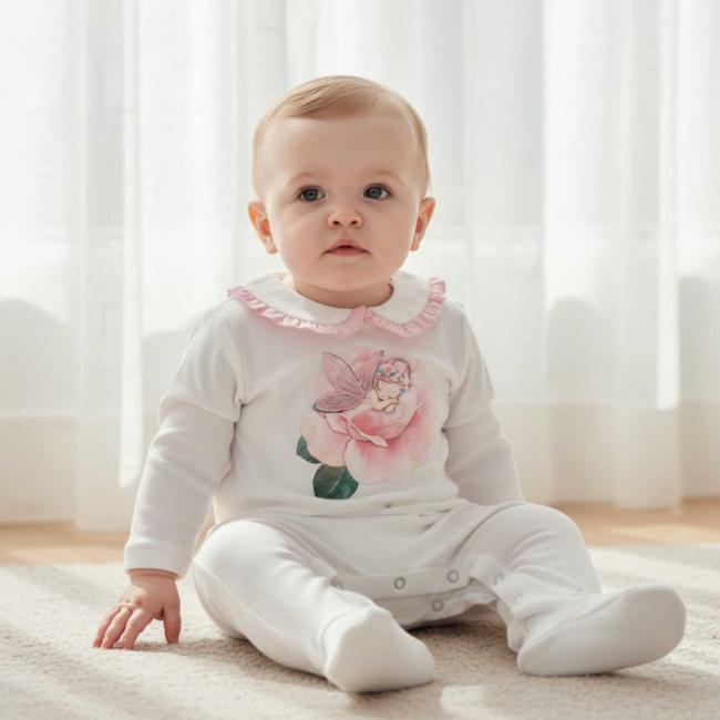 Picture of Monnalisa Bebe Girls Rose Garden Applique Fairy Babygrow  - Ivory Pink
