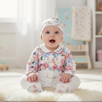 Picture of PRE ORDER Monnalisa Bebe Girls Rose Garden Babygrow With Hat Set X 2 - Ivory Pink