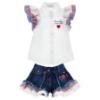 Picture of PRE ORDER Monnalisa Girls Hello Kitty Ruffle Blouse & Denim Shorts Set X 2 - White Blue