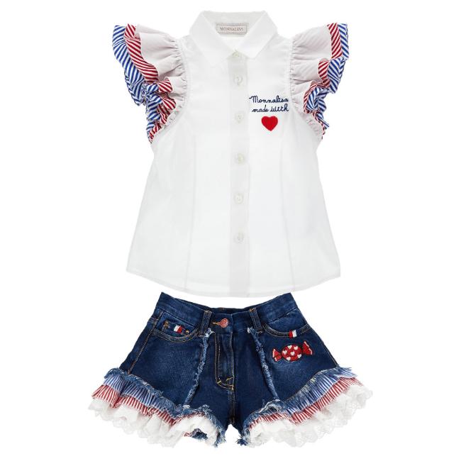 Picture of PRE ORDER Monnalisa Girls Hello Kitty Ruffle Blouse & Denim Shorts Set X 2 - White Blue
