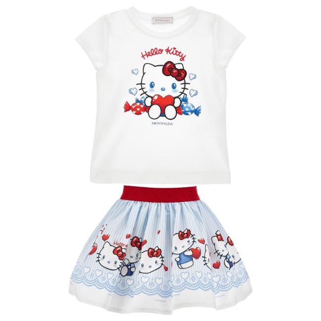 Picture of Monnalisa Girls Hello Kitty Top & Skirt Set X 2 - White Blue
