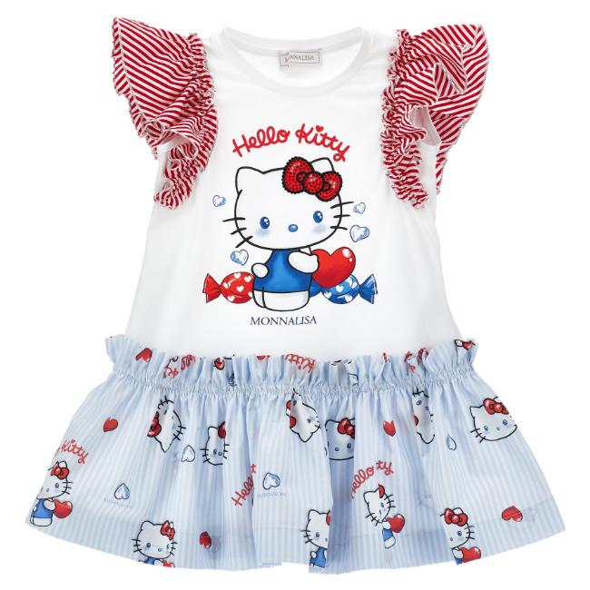 Picture of PRE ORDER Monnalisa Girls Hello Kitty Drop Waist Dress - White Blue