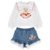Picture of Monnalisa Bebe Girls Disney Pooh Bear Top & Denim Shorts Set X 2 - Ivory Red Blue