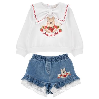 Picture of PRE ORDER Monnalisa Bebe Girls Disney Pooh Bear Top & Denim Shorts Set X 2 - Ivory Red Blue