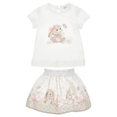 Picture of Monnalisa Bebe Girls Romantic Bunny Top & Skirt Set X 2 - Ivory Pink