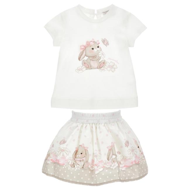 Picture of Monnalisa Bebe Girls Romantic Bunny Top & Skirt Set X 2 - Ivory Pink