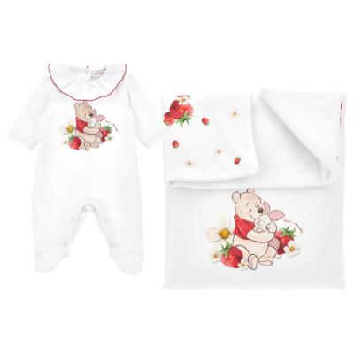 Picture of Monnalisa Bebe Girls Pooh Bear Babygrow & Blanket Set x 2 - Ivory Red