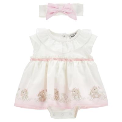 Picture of PRE ORDER Monnalisa Bebe Girls Romantic Bunny Skirted Romper & Headband - Ivory Pink
