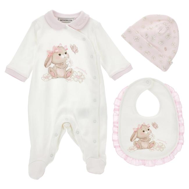 Picture of Monnalisa Bebe Girls Romantic Bunny Babygrow Hat & Bib Set X 3  - Ivory Pink