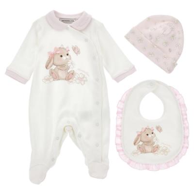 Picture of PRE ORDER Monnalisa Bebe Girls Romantic Bunny Babygrow Hat & Bib Set X 3  - Ivory Pink