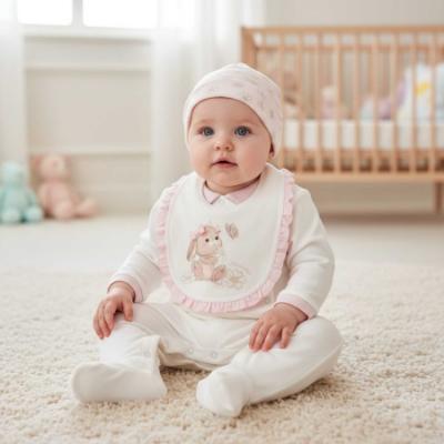 Picture of Monnalisa Bebe Girls Romantic Bunny Babygrow Hat & Bib Set X 3  - Ivory Pink