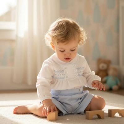 Picture of Sarah Louise Baby Boys Smocked Blouse & Shorts Set X 2 - White Pale Blue