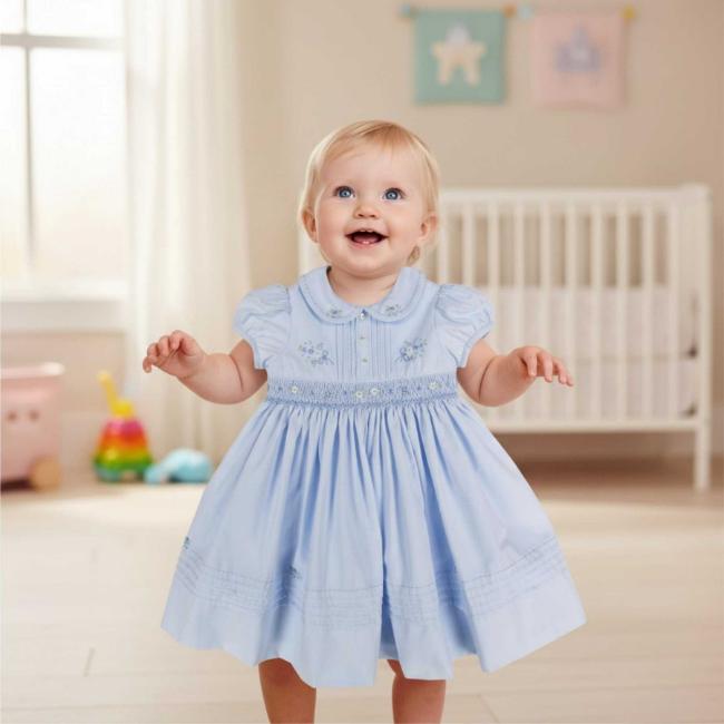 Picture of Sarah Louise Girls Smocked Bodice Puff Sleeve Dress - Pale Blue