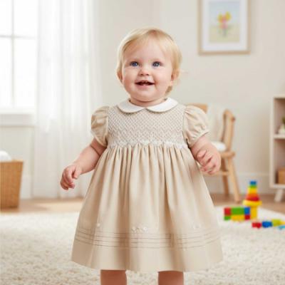 Picture of Sarah Louise Girls Smocked Bodice Puff Sleeve Dress - Beige Ivory