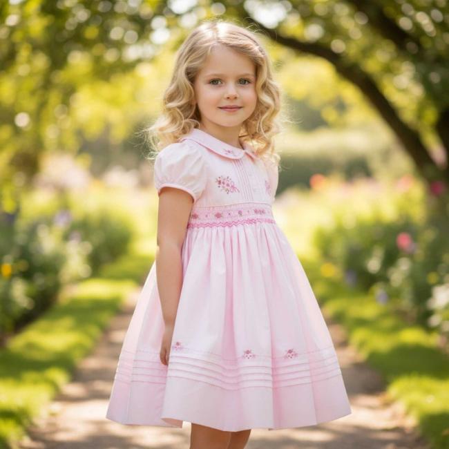 Picture of Sarah Louise Girls Smocked Bodice Puff Sleeve Dress - Pale Pink Fuchsia