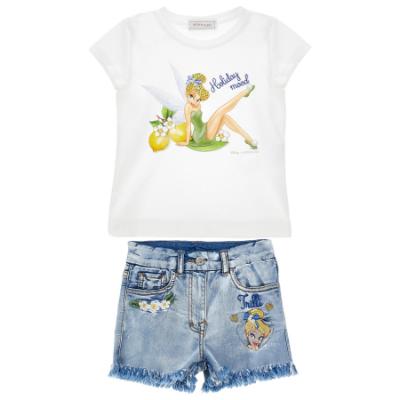Picture of PRE ORDER Monnalisa Girls Tinkerbell Top & Denim Shorts Set X 2 - White Yellow
